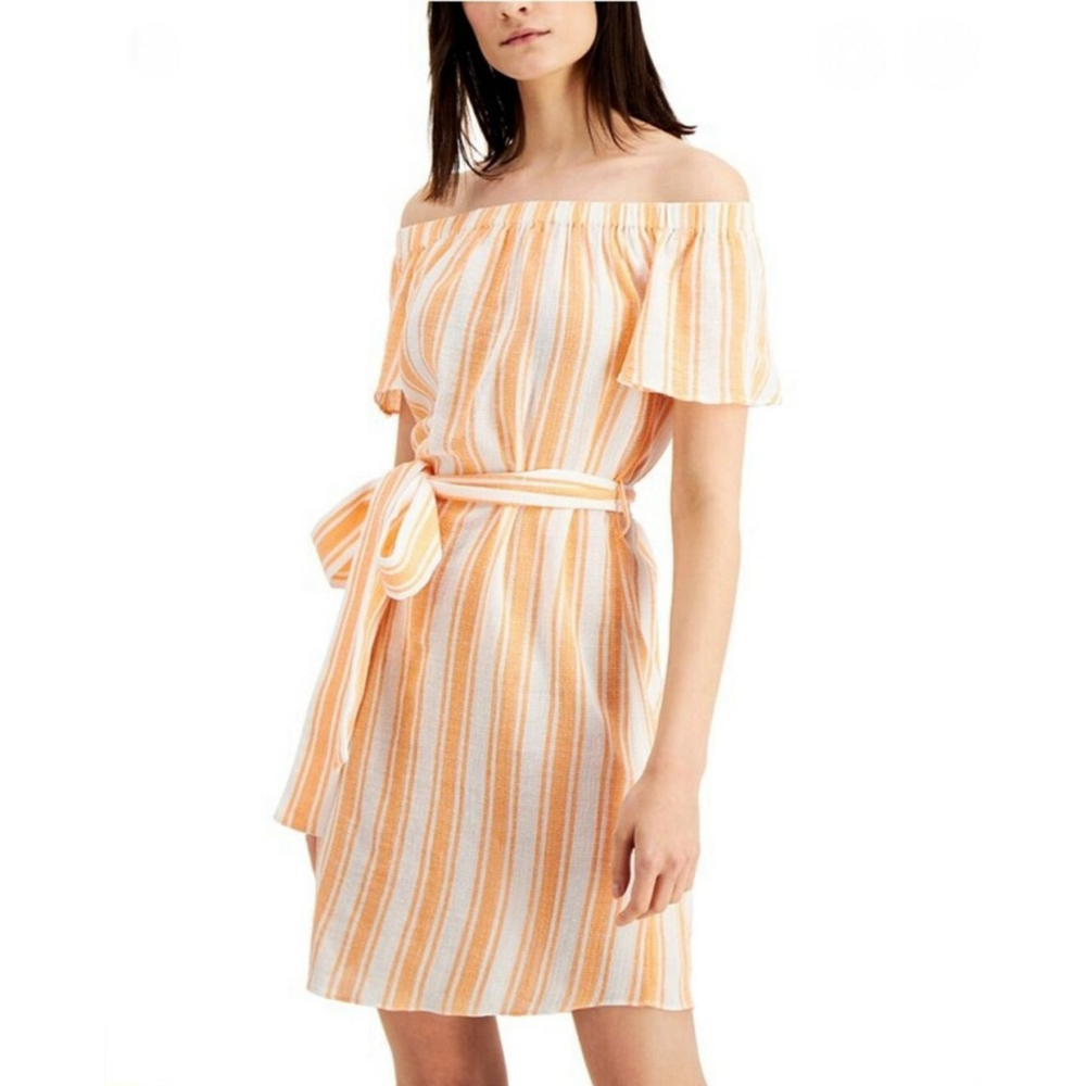 Women's Michael Kors Striped Off-the-Shoulder Dress Size M Orange/White